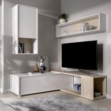 Mueble de salón angular Obi Blanco Brillo - Natural
