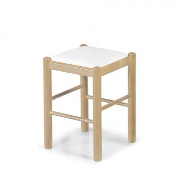 Taburete de madera clásico Mónica natural, polipiel blanca